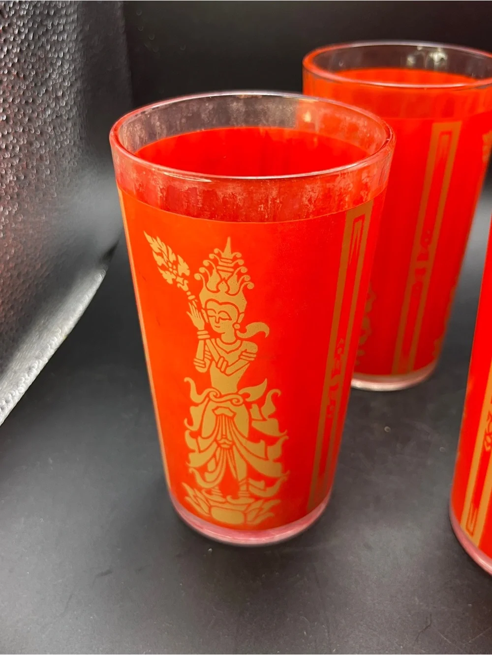 5 Vintage 1960s MCM Culver MANDALAY Red Siam Thai Goddess Glasses Tumblers